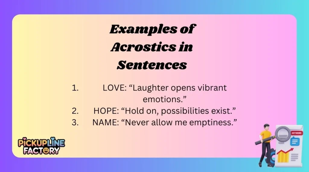 Examples of Acrostics in Sentences